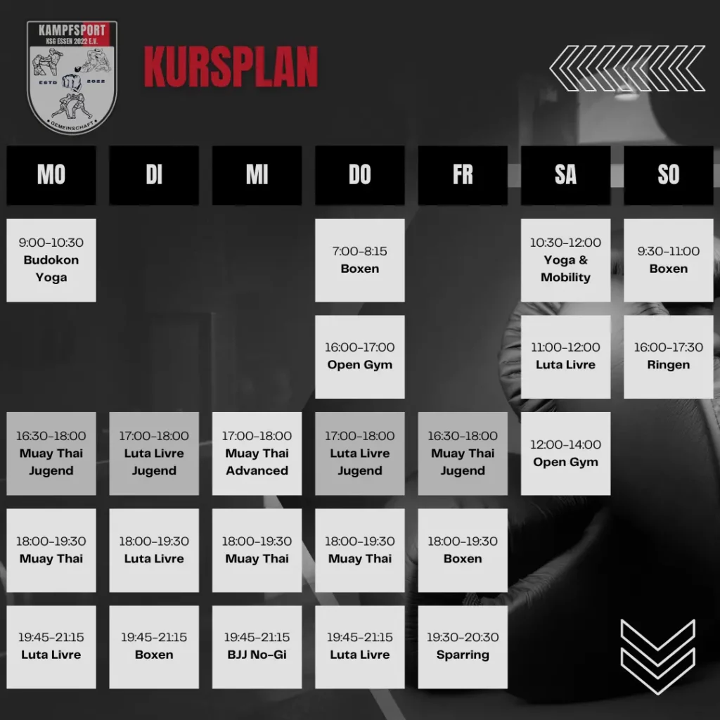 Kursplan der Kampfsportschule Essen – Übersicht über Trainingszeiten für Jugendliche und Erwachsene im Kampfsport.